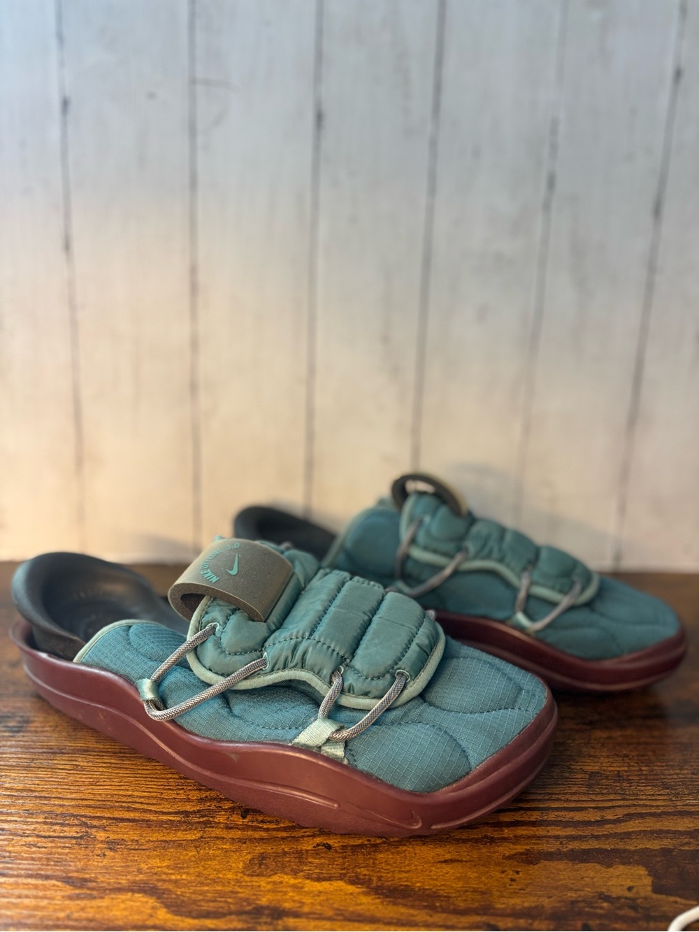 Nike Teal Quilted Slide Sandals with Burgundy Sole